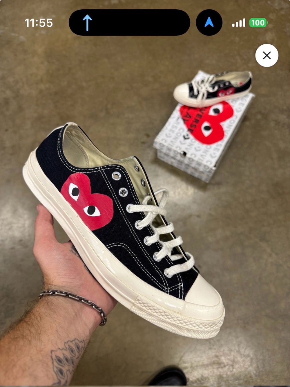 Comme des Garcons Black Canvas Low-Top Sneakers with Red Heart Motif